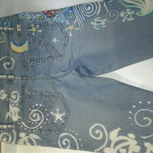 SALE!! Hand painted Mermaid Denim Bermuda Shorts - Picture 2 of 4